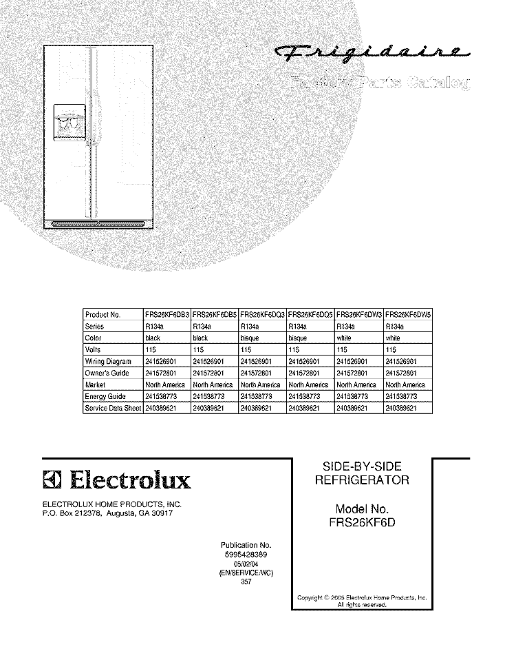 COVER Diagram and Parts List for FRS26KF6DB3  Frigidaire Refrigerator