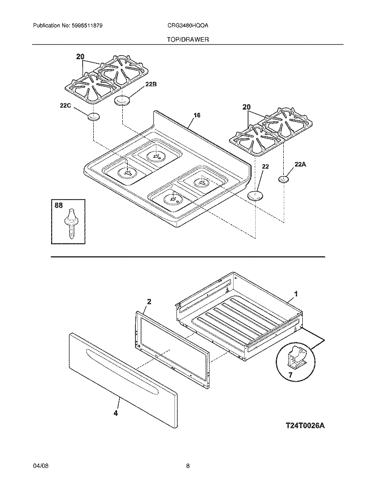 TOP / DRAWER Diagram and Parts List for CRG3480HQQA  Crosley Range