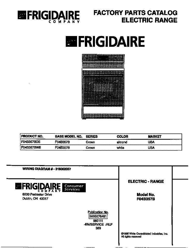 COVER Diagram and Parts List for F04B357BDE  Frigidaire Range