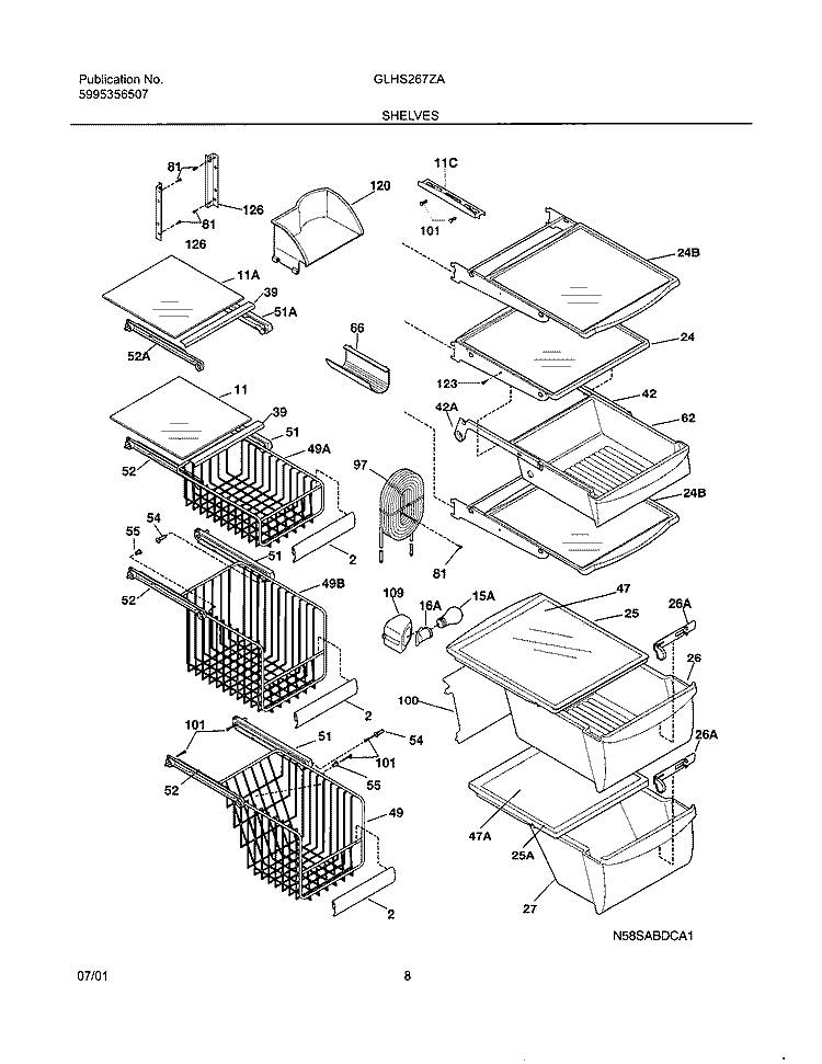 SHELVES Diagram and Parts List for GLHS267ZAW0  Frigidaire Refrigerator