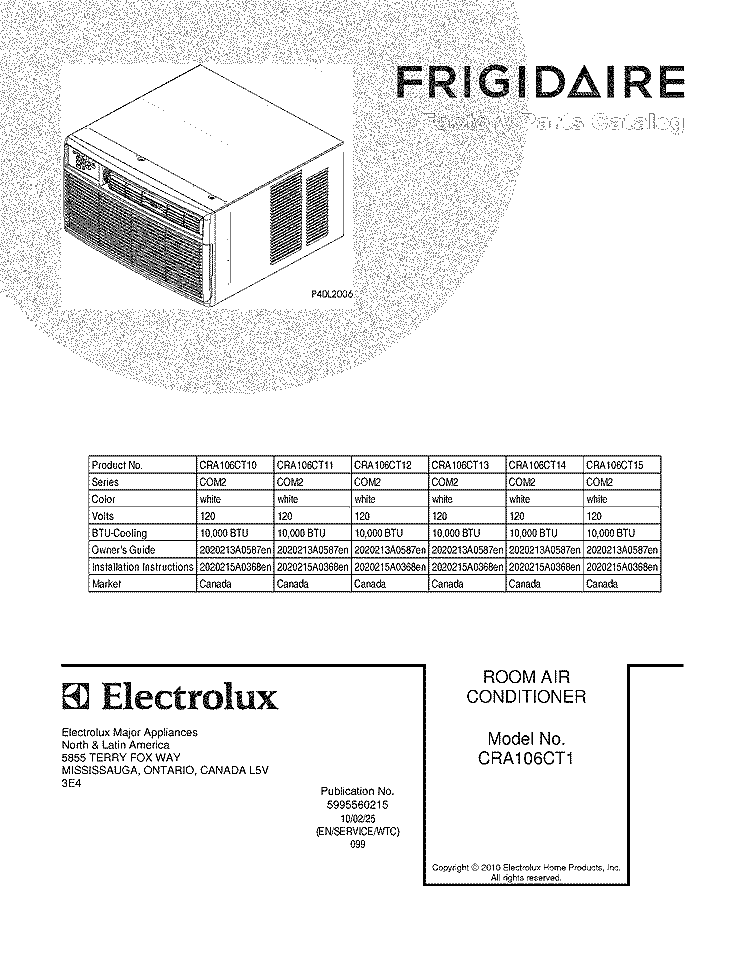 COVER Diagram and Parts List for CRA106CT14  Frigidaire Air Conditioner