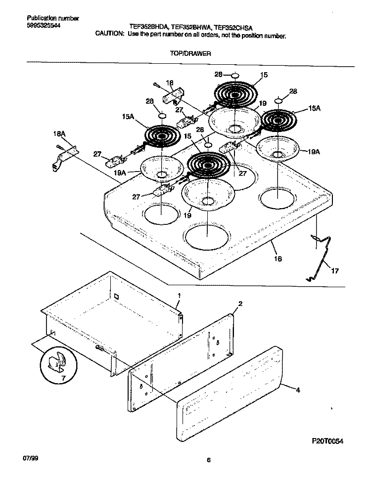 TOP / DRAWER Diagram and Parts List for TEF352BHDA  Tappan Range
