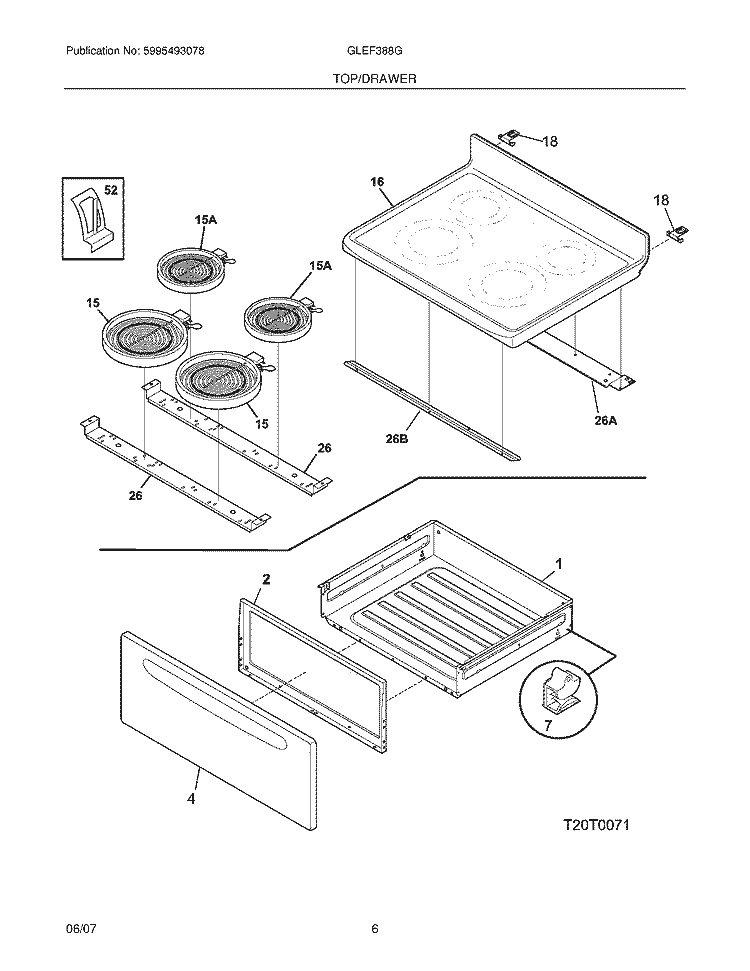 TOP / DRAWER Diagram and Parts List for GLEF388GSA  Frigidaire Range