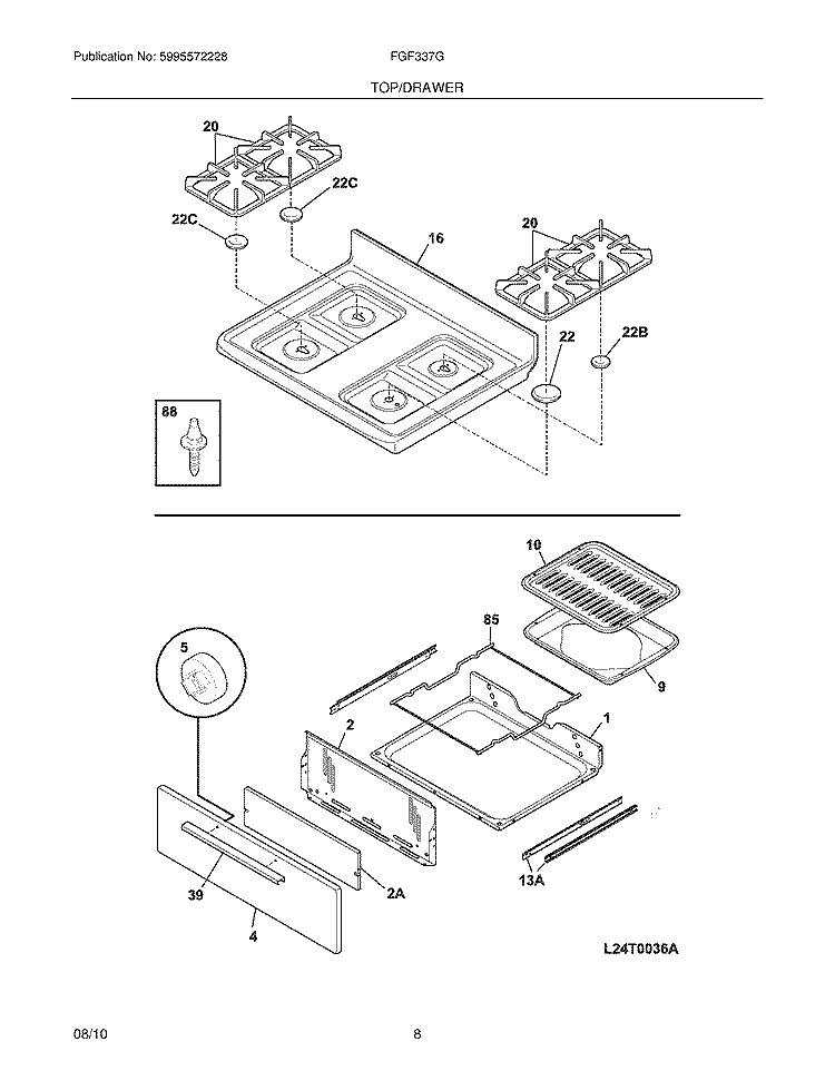 TOP/DRAWER Diagram and Parts List for FGF337GSG  Frigidaire Range