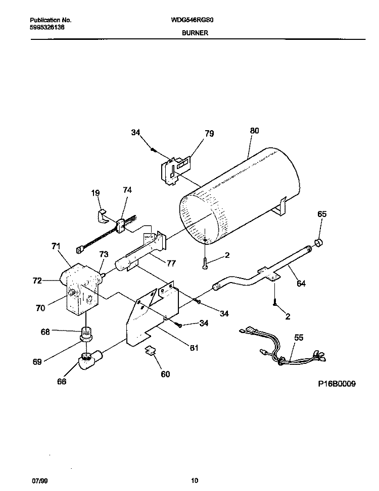 P16B0009 BURNER, VALVE Diagram and Parts List for WDG546RGS0  Frigidaire Dryer