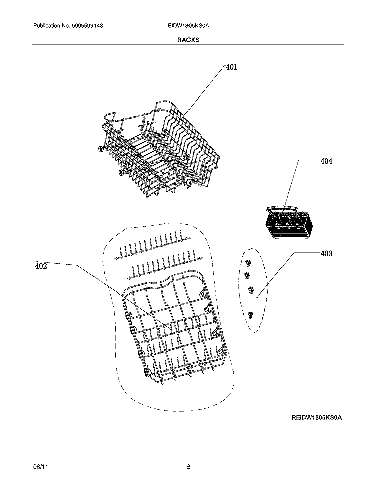 RACKS Diagram and Parts List for EIDW1805KS0A  Electrolux Dishwasher