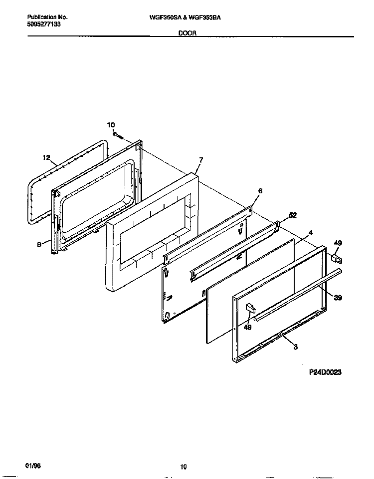 DOOR Diagram and Parts List for WGF350SAWE  Frigidaire Range