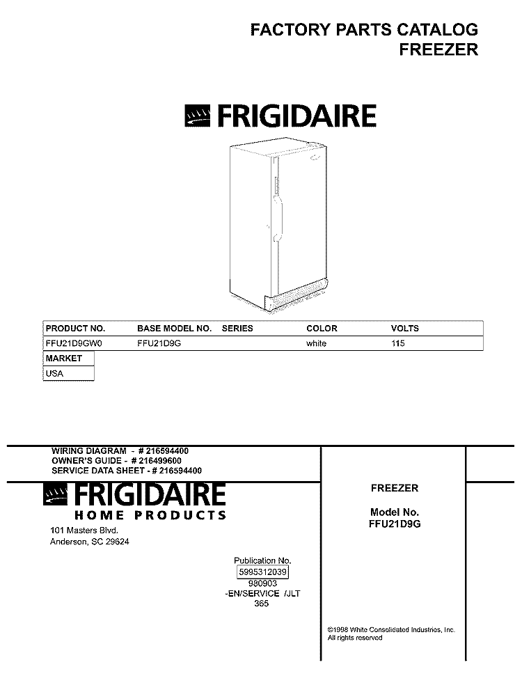COVER Diagram and Parts List for FFU21D9GW0  Frigidaire Freezer