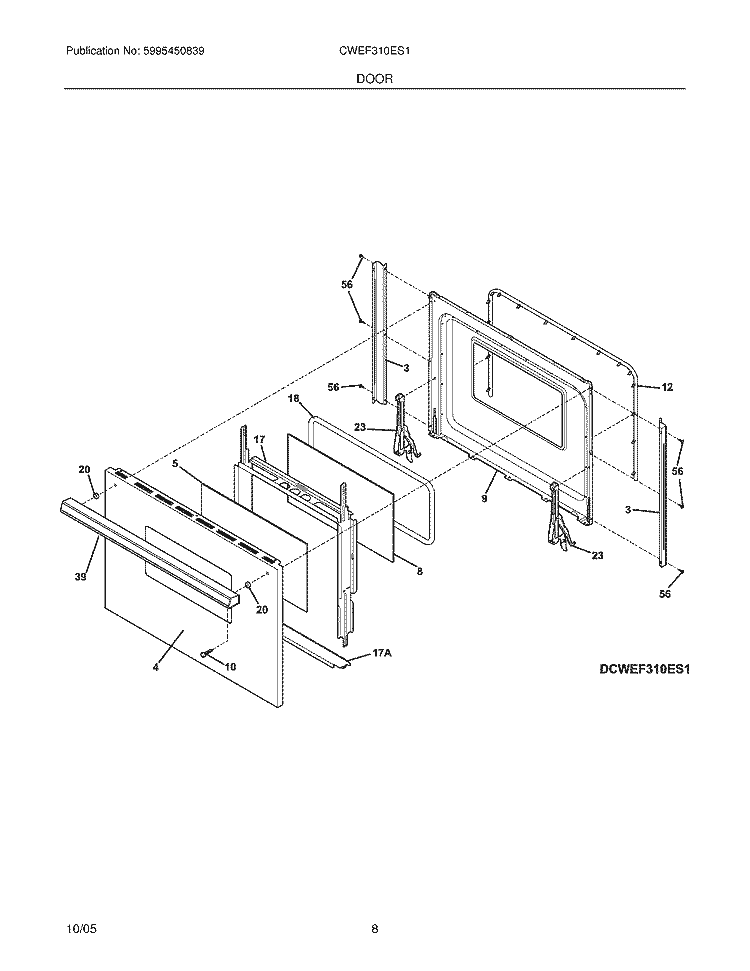 DOOR Diagram and Parts List for CWEF310ES1  Westinghouse Range