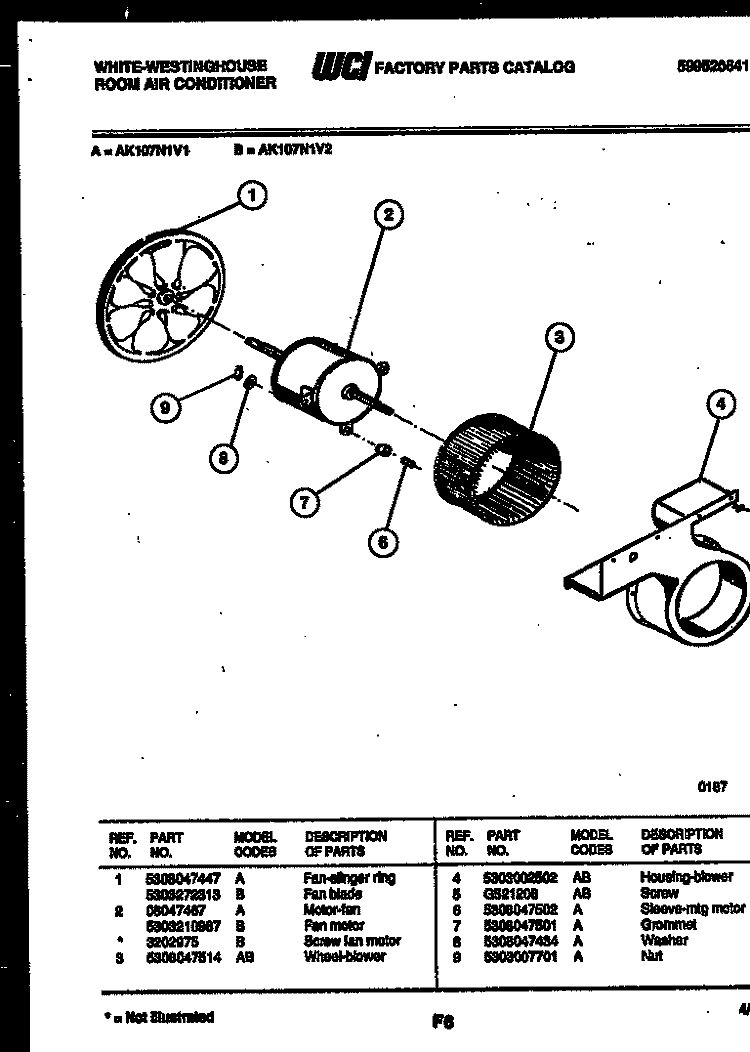 AIR HANDLING PARTS Diagram and Parts List for AK107N1V1  Frigidaire Air Conditioner