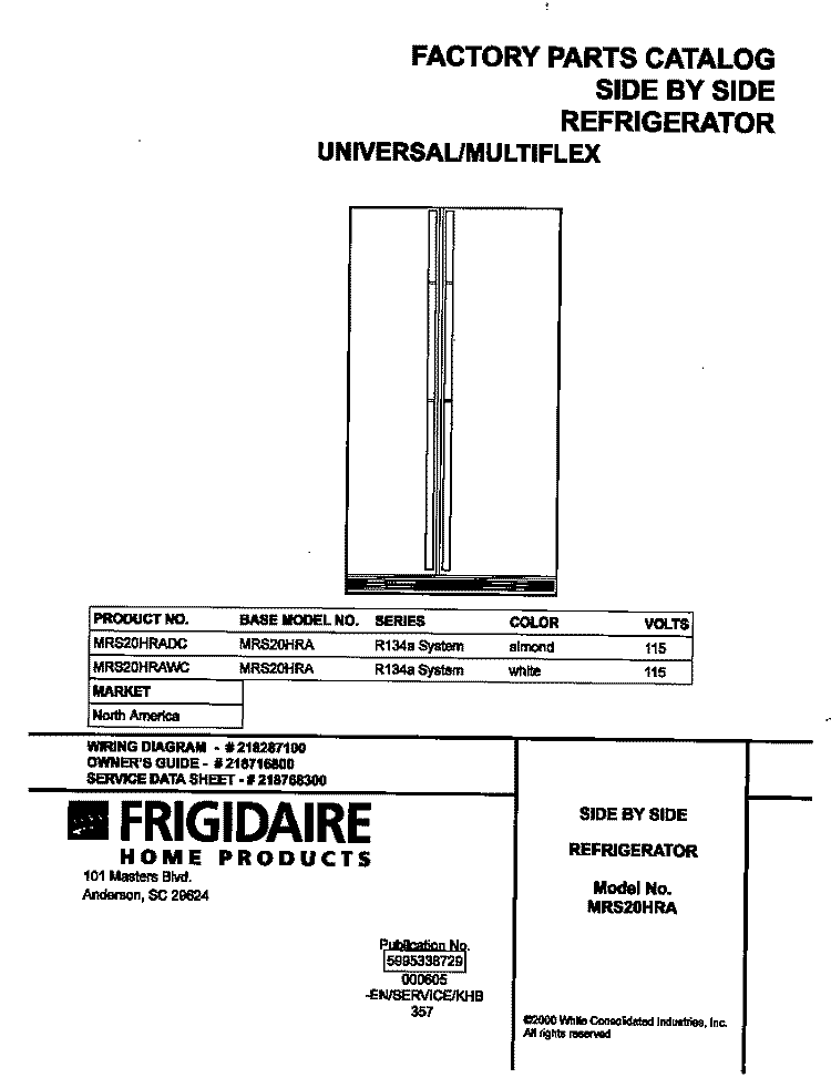 COVER Diagram and Parts List for MRS20HRADC  Frigidaire Refrigerator