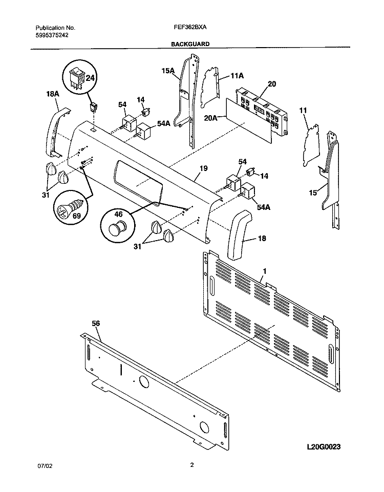 BACKGUARD Diagram and Parts List for FEF362BXAWB  Frigidaire Range