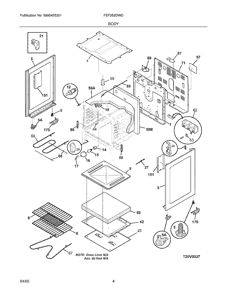 BODY Diagram and Parts List for FEF352DWD  Frigidaire Range