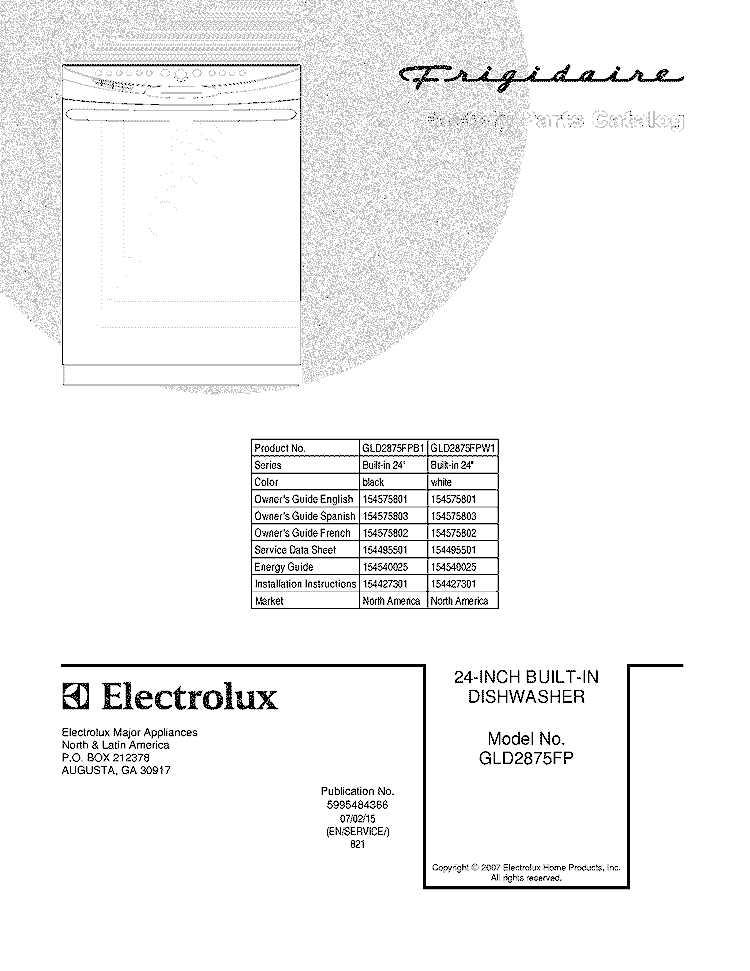 COVER Diagram and Parts List for GLD2875FPW1  Frigidaire Dishwasher