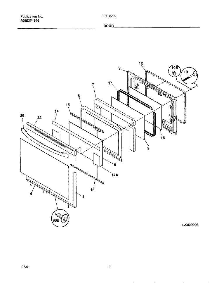 DOOR Diagram and Parts List for FEF355AUA  Frigidaire Range