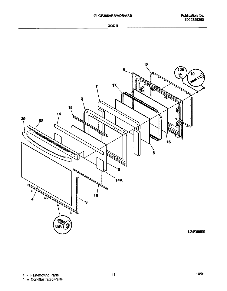 DOOR Diagram and Parts List for GLGF388AQB  Frigidaire Range