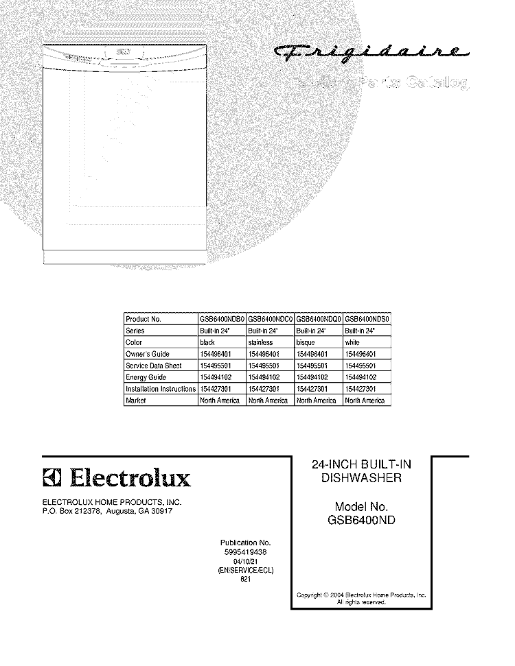 COVER Diagram and Parts List for GSB6400NDB0  Frigidaire Dishwasher