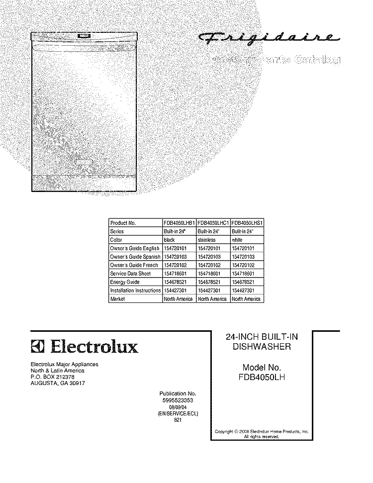 COVER Diagram and Parts List for FDB4050LHC1  Frigidaire Dishwasher