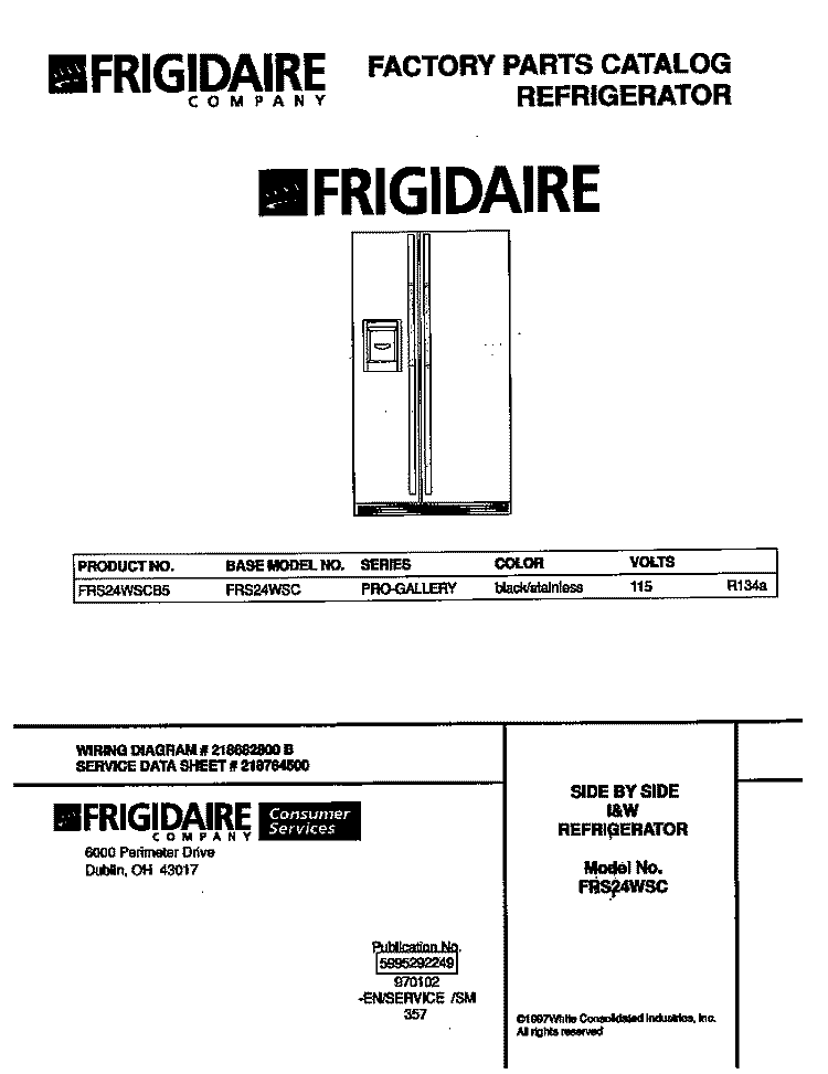 COVER Diagram and Parts List for FRS24WSCB5  Frigidaire Refrigerator