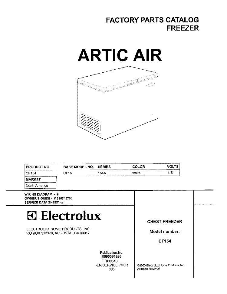 COVER Diagram and Parts List for CF154  Frigidaire Freezer