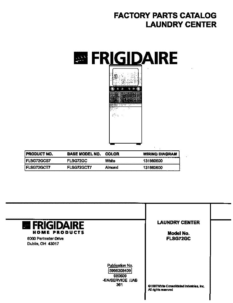 COVER Diagram and Parts List for FLSG72GCS7  Frigidaire Washer Dryer Combo