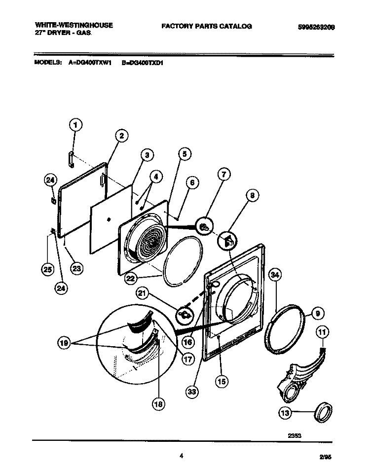 DOOR, FRONT PANEL, LINT FILTER Diagram and Parts List for DG400TXD1  Frigidaire Dryer