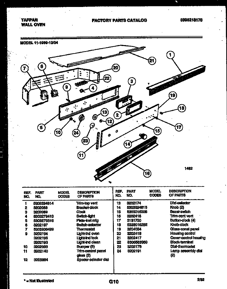CONTROL PANEL Diagram and Parts List for 11-1969-00-04  Tappan Wall Oven