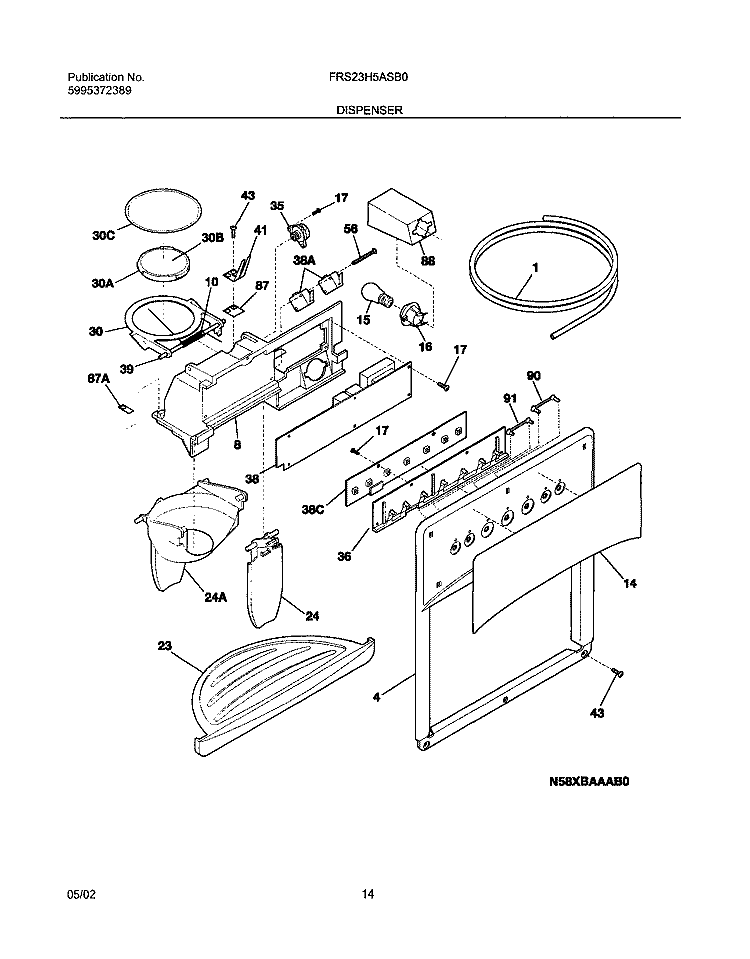 DISPENSER Diagram and Parts List for FRS23H5ASB3  Frigidaire Refrigerator