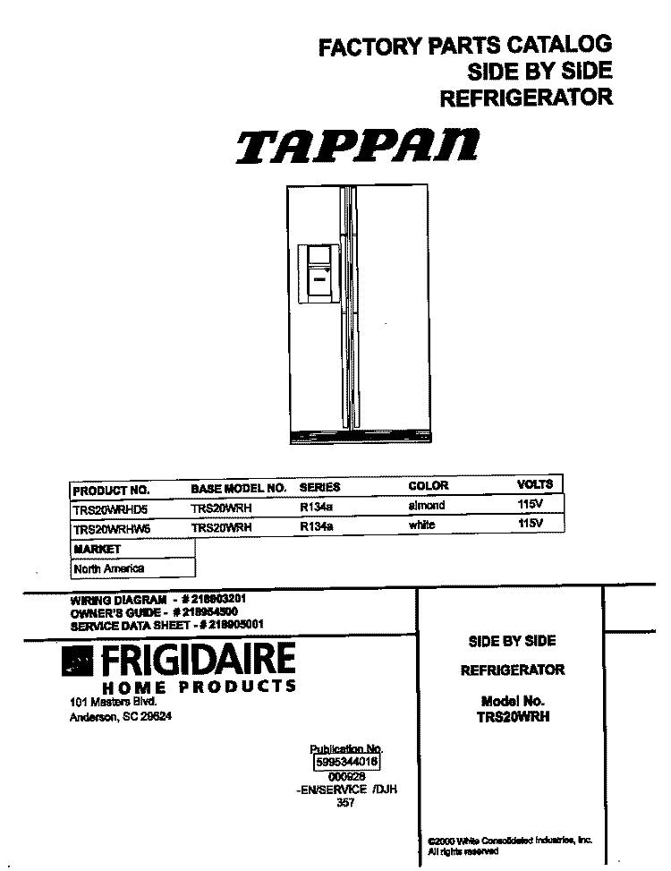 COVER Diagram and Parts List for TRS20WRHW5  Tappan Refrigerator