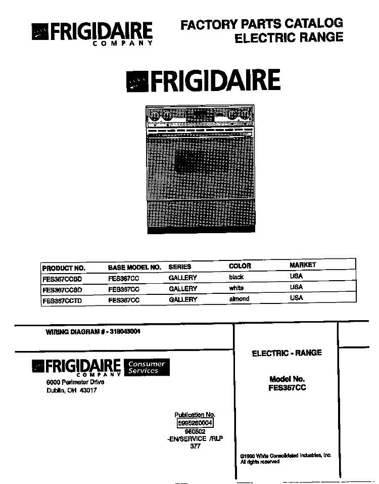 COVER Diagram and Parts List for FES367CCTD  Frigidaire Range
