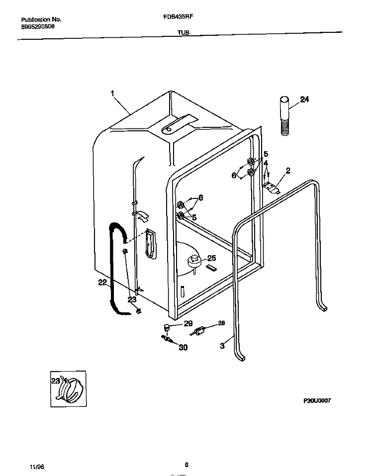 TUB Diagram and Parts List for FDB435RFR1  Frigidaire Dishwasher