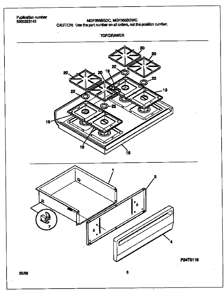 TOP / DRAWER Diagram and Parts List for MGF355BGWC  Frigidaire Range