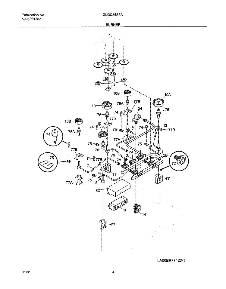 BURNER Diagram and Parts List for GLGC36S8AQA  Frigidaire Cooktop