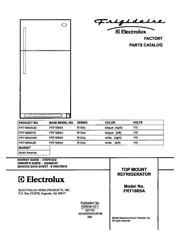 COVER Diagram and Parts List for FRT18B5AT6  Frigidaire Refrigerator