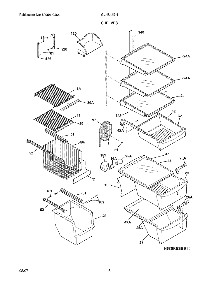SHELVES Diagram and Parts List for GLHS37EHQ2  Frigidaire Refrigerator