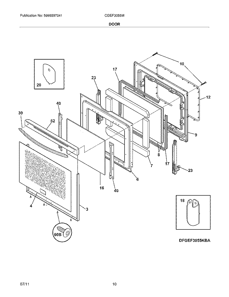 DOOR Diagram and Parts List for CGEF3055MBA  Frigidaire Range