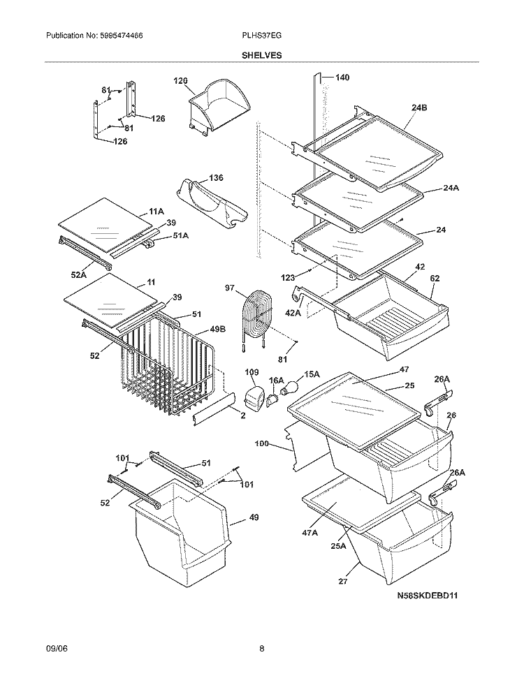 SHELVES Diagram and Parts List for PLHS37EGSB0  Frigidaire Refrigerator