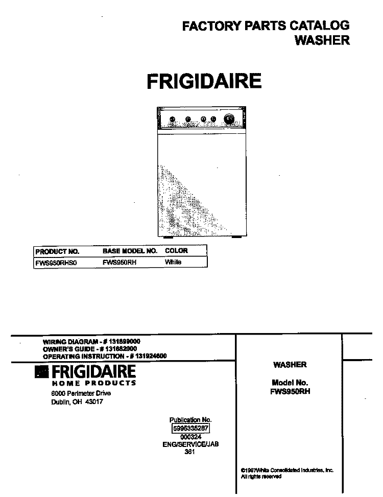 COVER Diagram and Parts List for FWS950RHS0  Frigidaire Washer