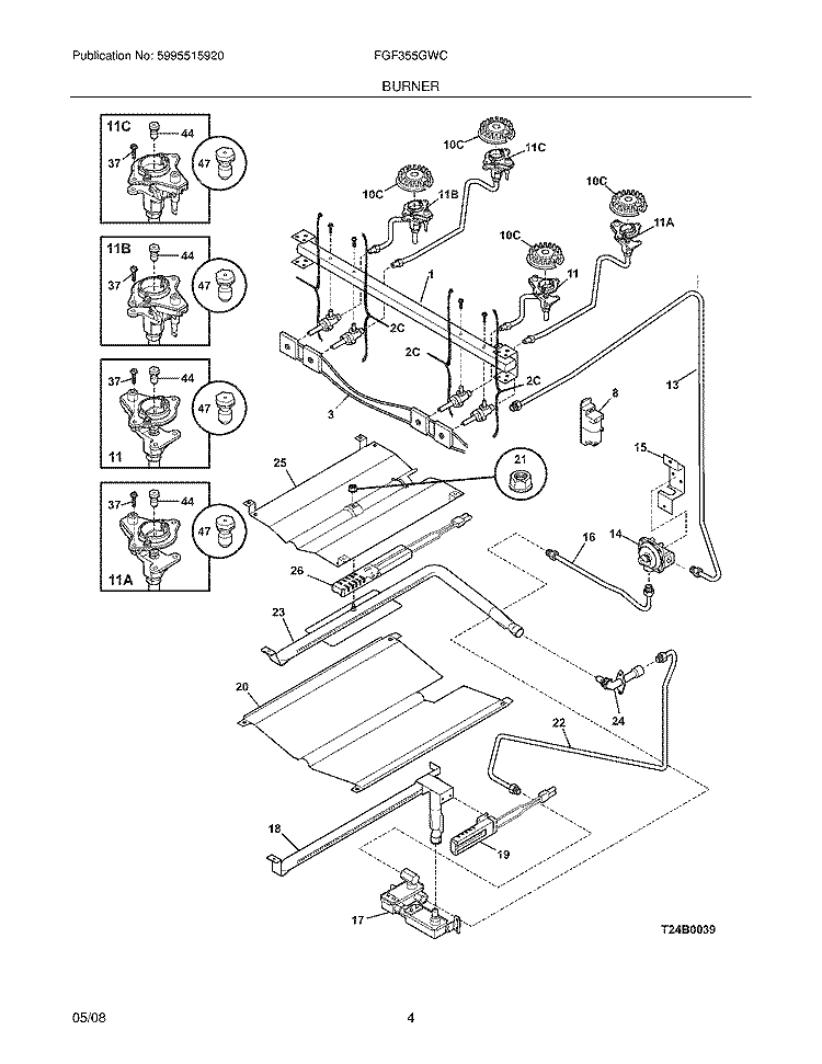 BURNER Diagram and Parts List for FGF355GWC  Frigidaire Range