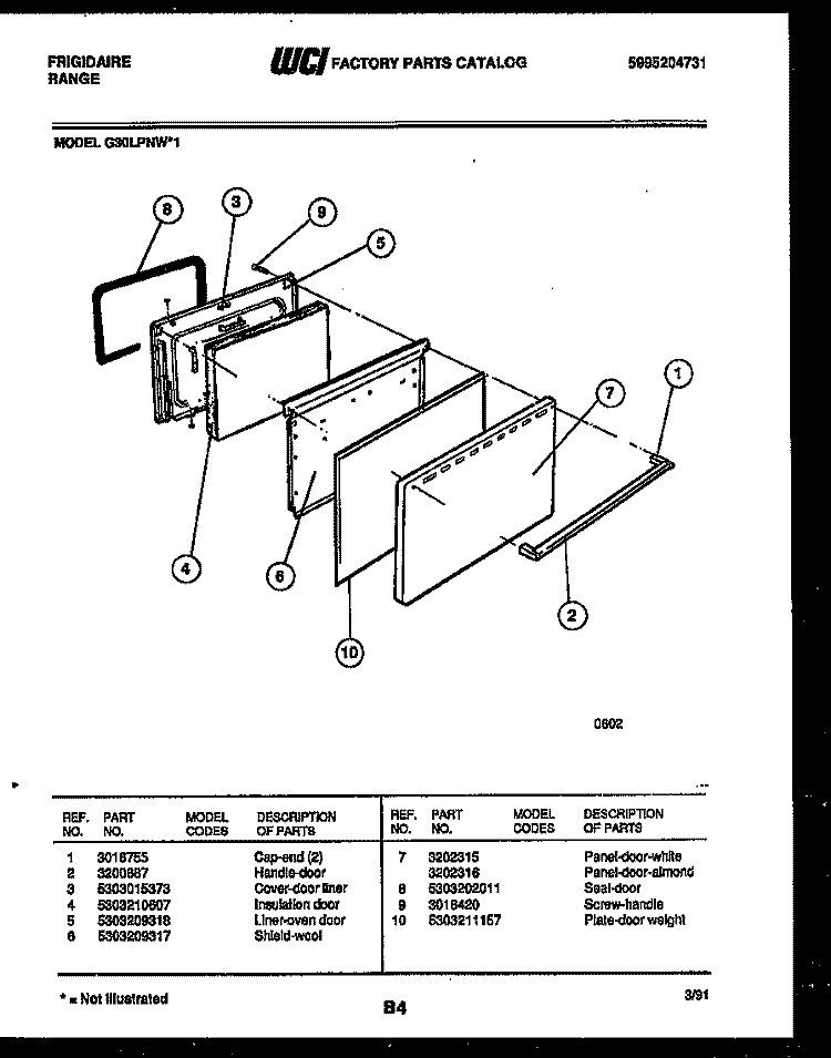 DOOR PARTS Diagram and Parts List for G30LPNL1  Frigidaire Range