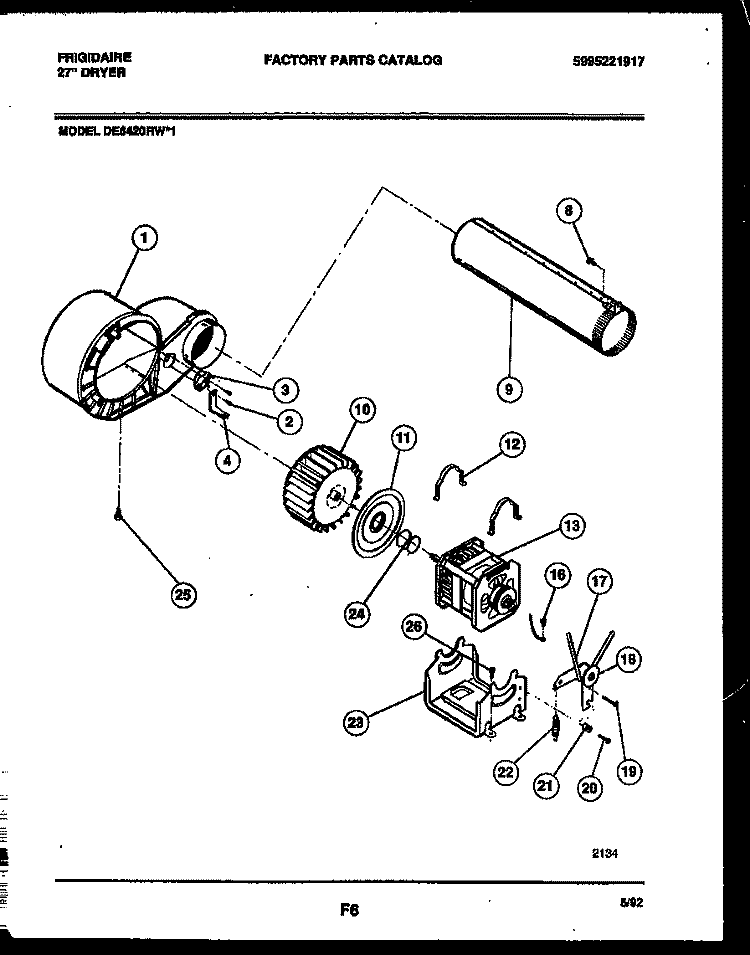 BLOWER AND DRIVE PARTS Diagram and Parts List for DE6420RW1  Frigidaire Dryer
