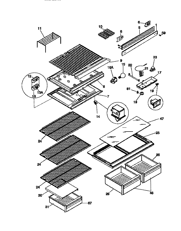 SHELVES / CONTROLS Diagram and Parts List for MRT18DNCW0  Frigidaire Refrigerator