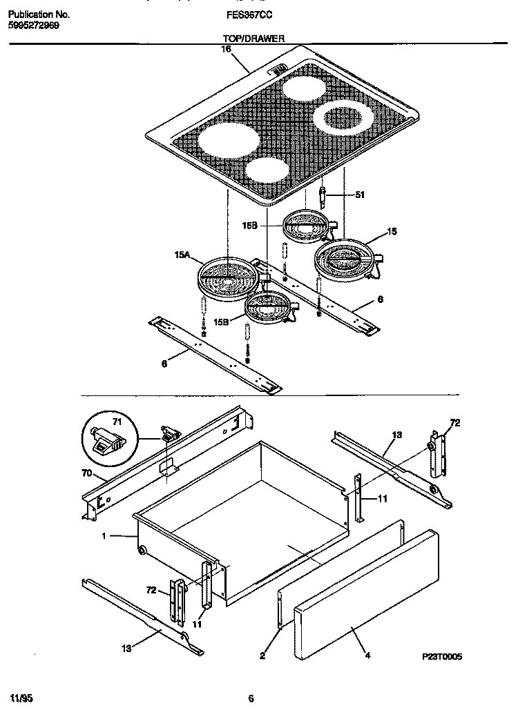 TOP / DRAWER Diagram and Parts List for FES367CCTA  Frigidaire Range