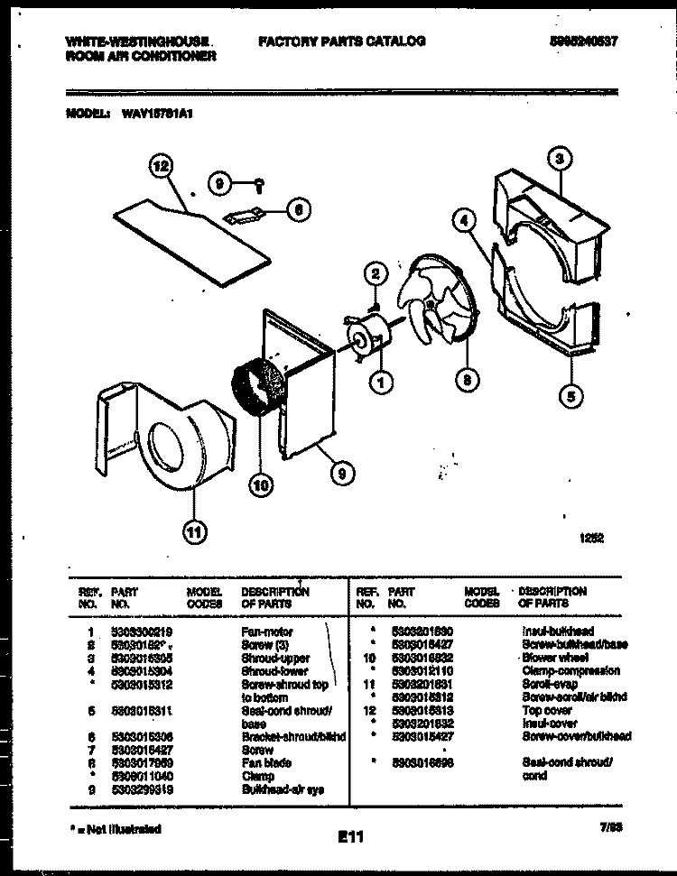 AIR HANDLING PARTS Diagram and Parts List for WAV157S1A1  Frigidaire Air Conditioner