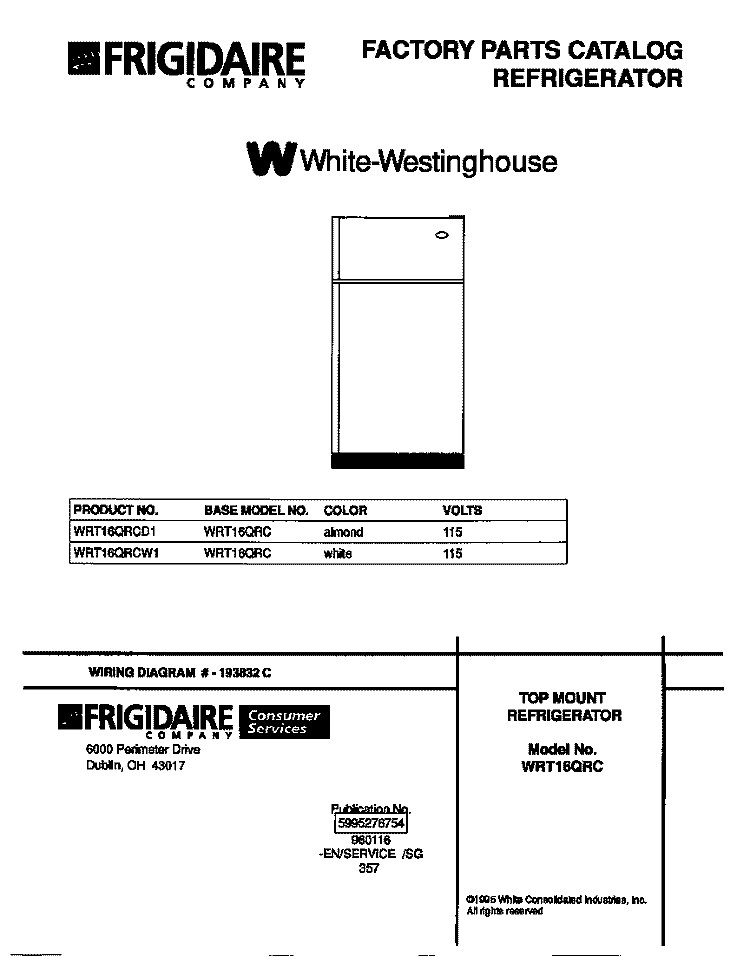 COVER Diagram and Parts List for WRT16QRCD1  Frigidaire Refrigerator
