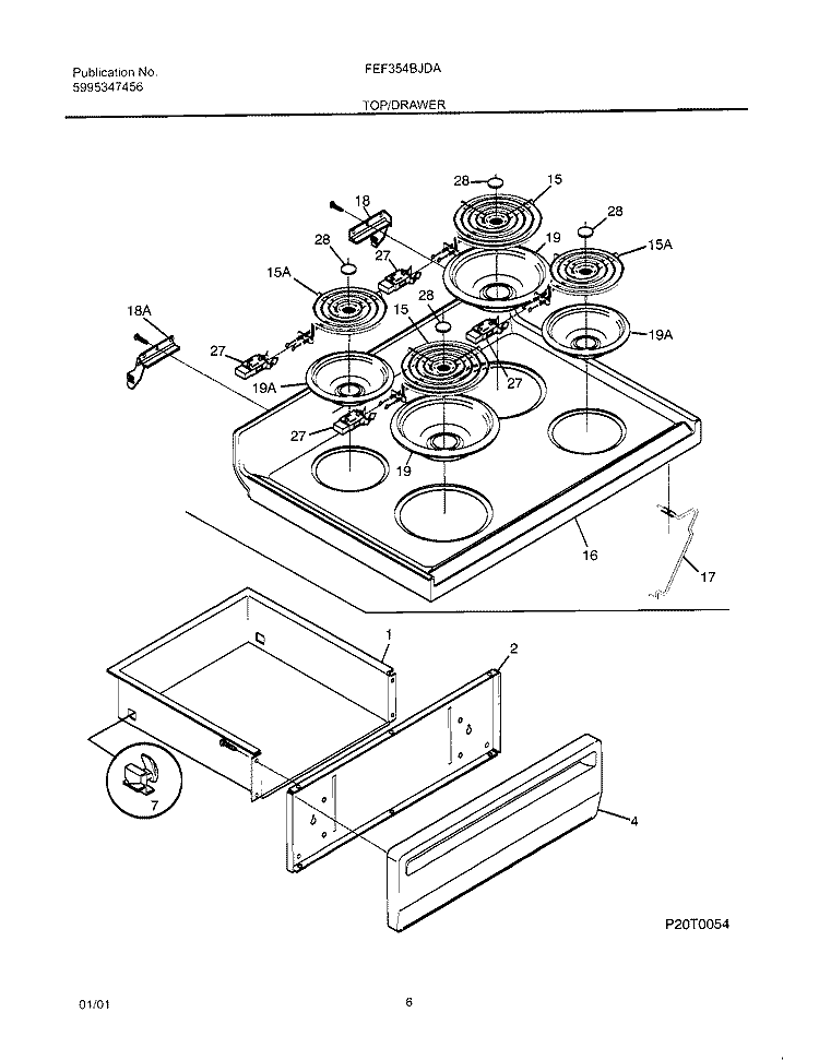 TOP / DRAWER Diagram and Parts List for FEF354BJDA  Frigidaire Range