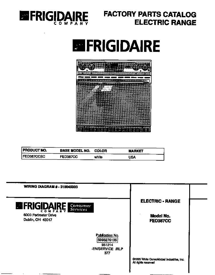 COVER Diagram and Parts List for FED387CCSC  Frigidaire Wall Oven