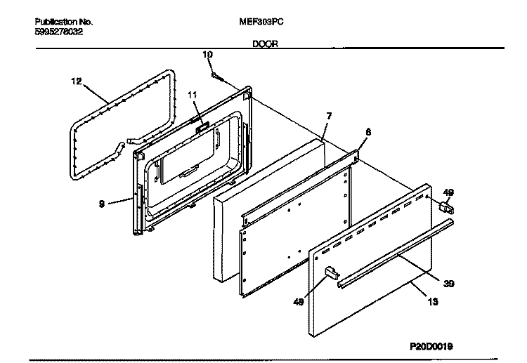 DOOR Diagram and Parts List for MEF303PCWD  Frigidaire Range