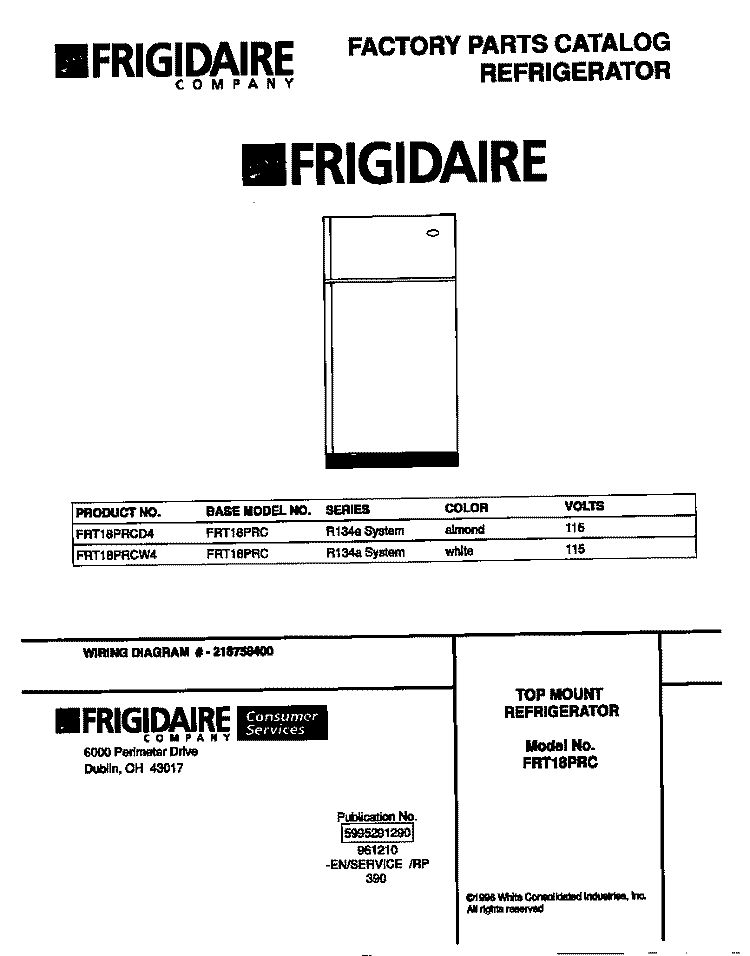COVER Diagram and Parts List for FRT18PRCW4  Frigidaire Refrigerator