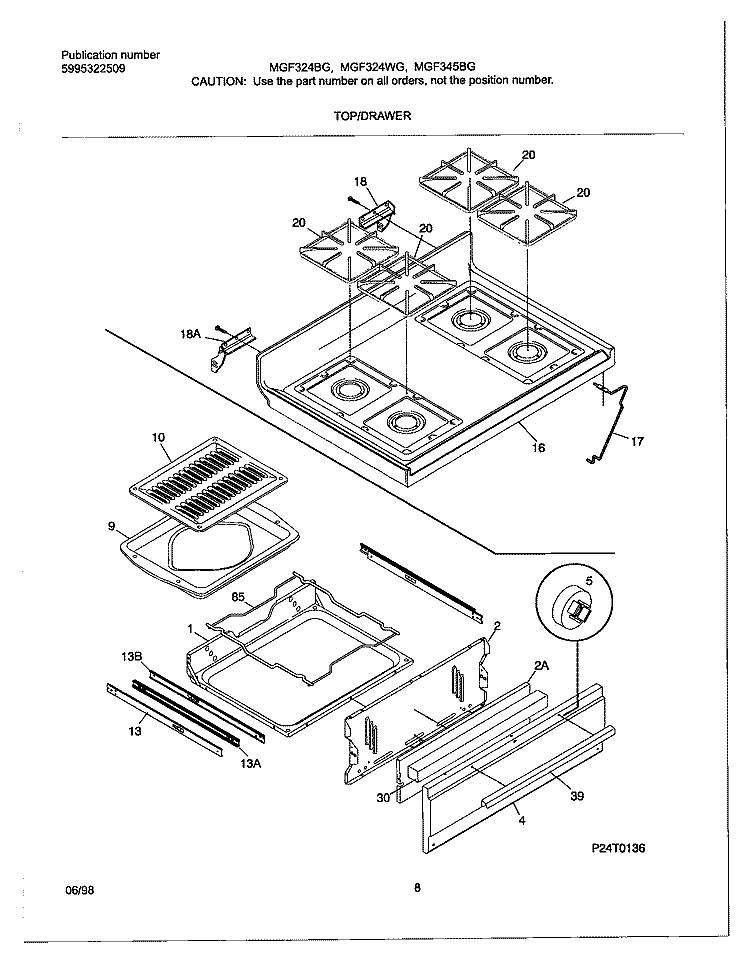 TOP / DRAWER Diagram and Parts List for MGF324BGDB  Frigidaire Range